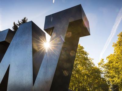 W sculpture on campus